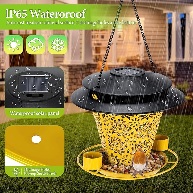 Solar Bird Feeders for Outside Hanging Metal Wild Bird Feeder Solar Lanterns Outdoor Waterproof Garden Decor for Yard Yellow