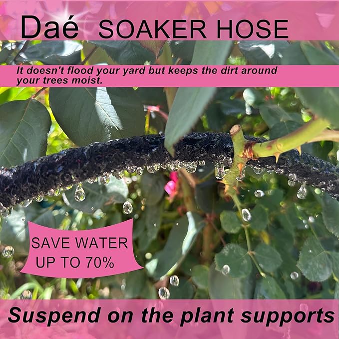 Rubber Soaker Hose, 5/8 inch, 50ft Garden Hose for Irrigation,Water-Saving up to 70%, Aluminium Connector Leak-Proof, Heavy-duty Hose, Watering for Trees,Lawns, Vegetables and Flowers.