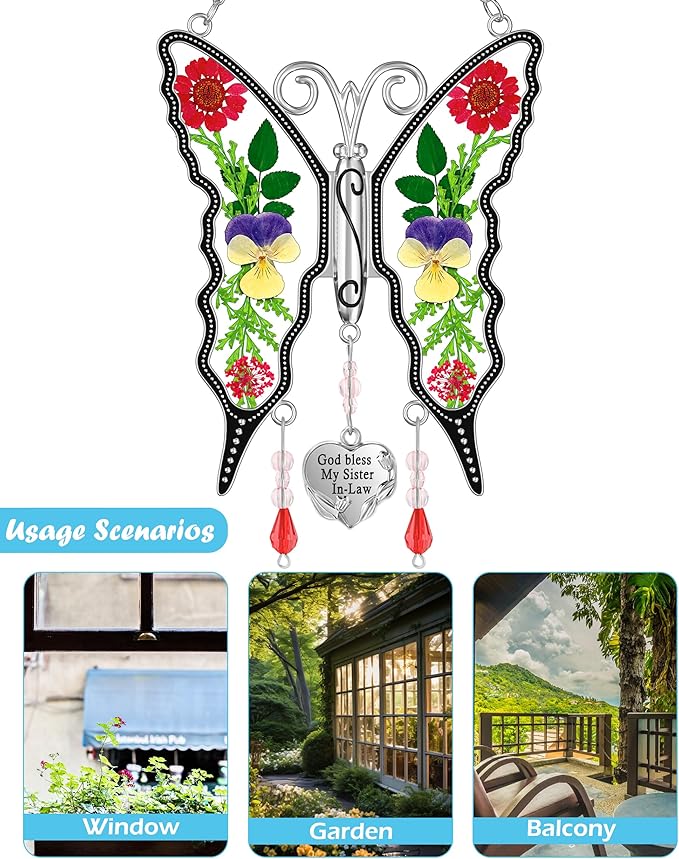 KY&BOSAM Gifts for Women God Bless My Sister in-Law Butterfly Suncatcher Sister Gifts Pressed Flower Between Wings Glass Silver Metal Charm Birthday Mother's Day Thanksgiving Christmas