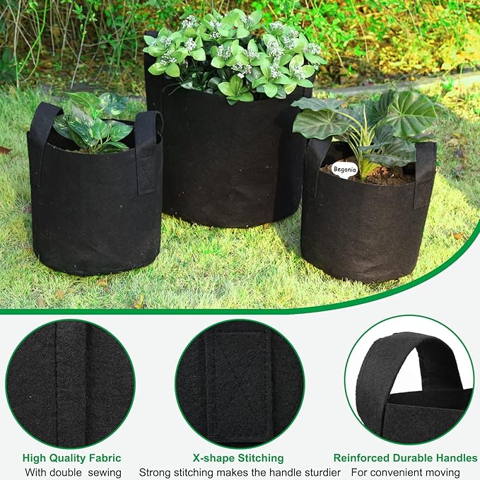 JERIA 12-Pack 3 Gallon, Vegetable/Flower/Plant Grow Bags, Aeration Fabric Pots with Handles (Black), Come with 12 Pcs Plant Labels
