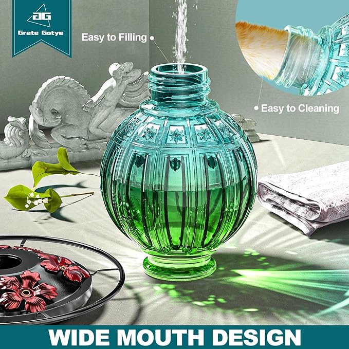 Glass Hummingbird Feeder for Outdoors Hanging, Bird Nectar Feeder with Perch & 5 Flower Feeding Ports, 26 Oz Leak Proof for Outside Garden Decor Backyard, Gifts for Women Mom, Green & Blue