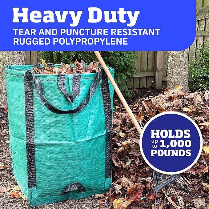 DURASACK Heavy Duty Home and Yard Waste Bag 48-Gallon Woven Polypropylene, Reusable Lawn and Leaf Garden Bag with Reinforced Carry Handles, Pop-Up Self-Standing Garbage Can, Green, Pack of 3