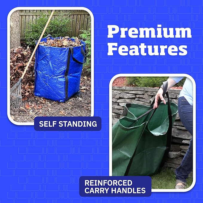 DURASACK Heavy Duty Home and Yard Waste Bag 48-Gallon Woven Polypropylene, Reusable Lawn and Leaf Garden Bag with Reinforced Carry Handles, Pop-Up Self-Standing Garbage Can, Green, Pack of 3