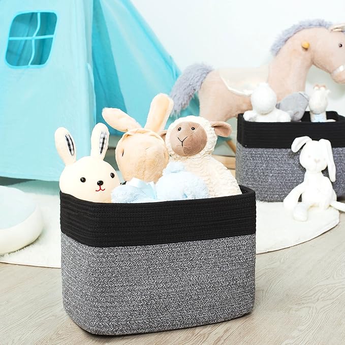 MINTWOOD Design Storage Basket for Shelves, Decorative Baskets for Organizing, Book Basket, Storage Cube Bin Box, Woven Closet Organizer, Pantry Closet and Shoe Basket, Black Grey Mix