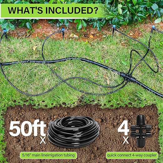 Bonviee 50FT 5/16" Drip Irrigation Tubing and 4 Packs 4-Way Quick Coupler, Push-to-Connect Fittings- DIY Garden Irrigation System, Misting, or Blank Distribution Tubing for Any Gardening Project