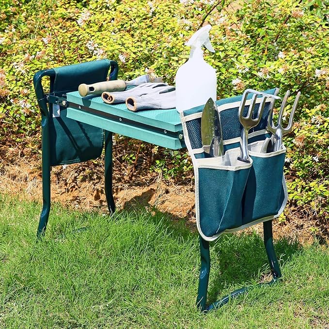 Ohuhu Garden Kneeler and Seat, Heavy Duty Garden Stool with EVA Foam Kneeling Pad, Foldable Gardening Bench with 2 Tool Pouches, 2-in-1 Portable Gardening Supplies, Idea Gifts for Women Men Seniors