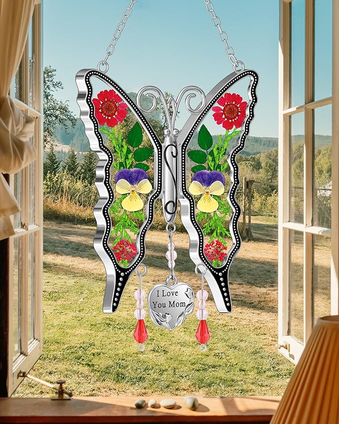 KY&BOSAM Butterfly Suncatcher I Love You Mom Gifts for Mom Pressed Flower Between Wings Glass for Windows Metal Engraved Charm as Gifts for Mother's Day Valentine's Birthday Thanksgiving Christmas