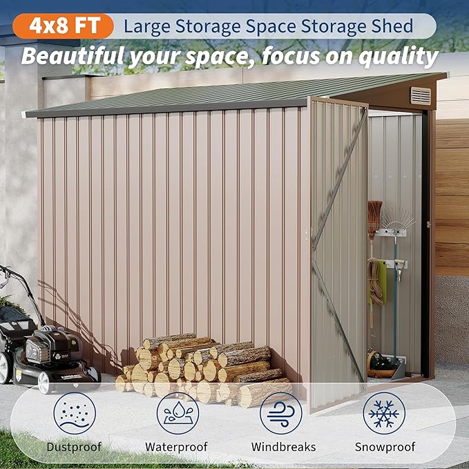 4x8 FT Metal Outdoor Lean to Storage Shed, Lean to Garden Shed Utility Tool Shed, Heavy-Duty Outdoor Metal Wall Side Storage Sheds