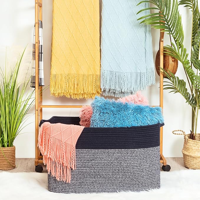 MINTWOOD Design 22in Extra Large Blanket Basket Holder for Living Room, Rectangle Rope Woven Storage Bin with Handles for Laundry, Pool Towels, and Shoes, Dog Toy Box Organizer, Navy Blue